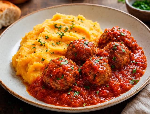 Plato gourmet de albóndigas con puré